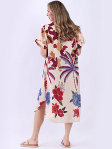 Italian Linen Tropical Print Dress ~ Wine