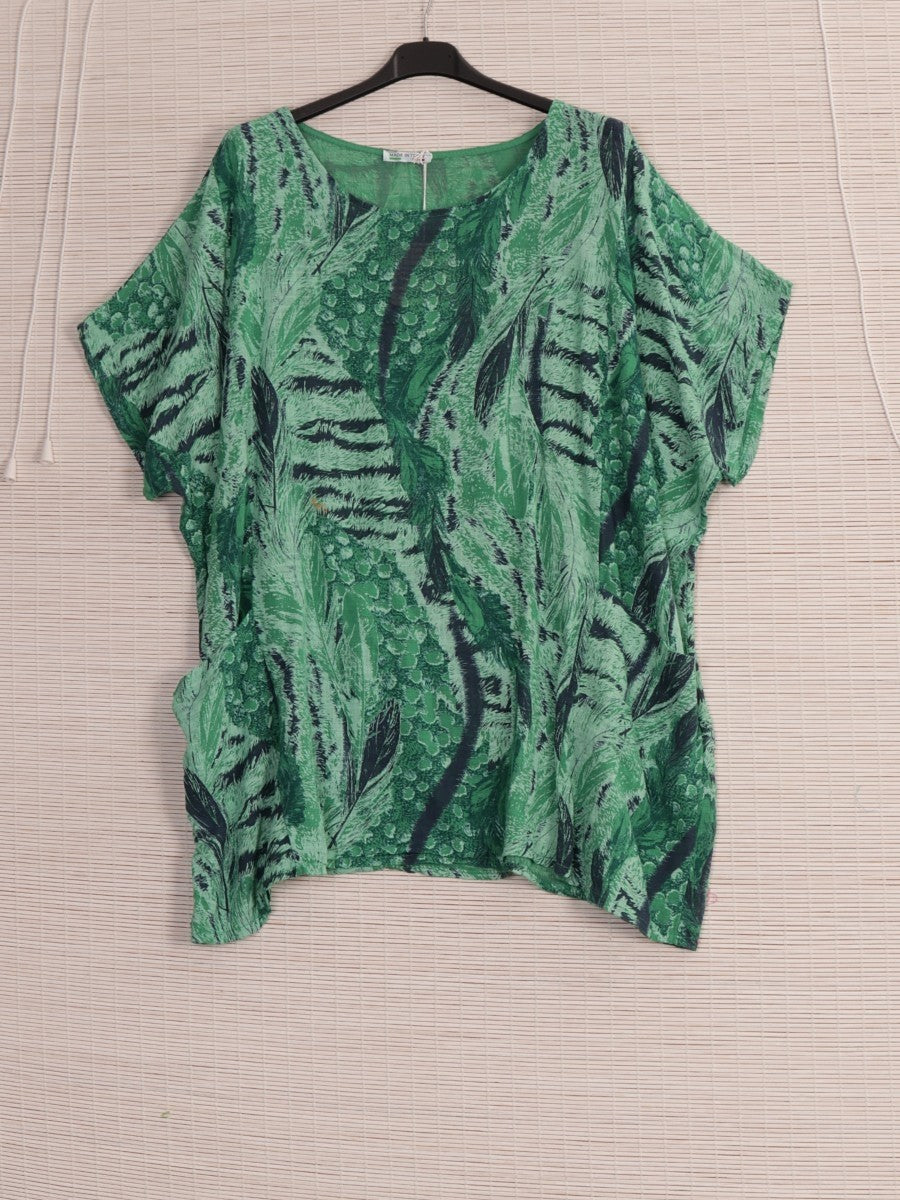 Italian Cotton Top Animal Print Green Sz 14-22