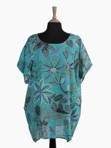 Italian Cotton Top Floral Print Teal Sz 14-22
