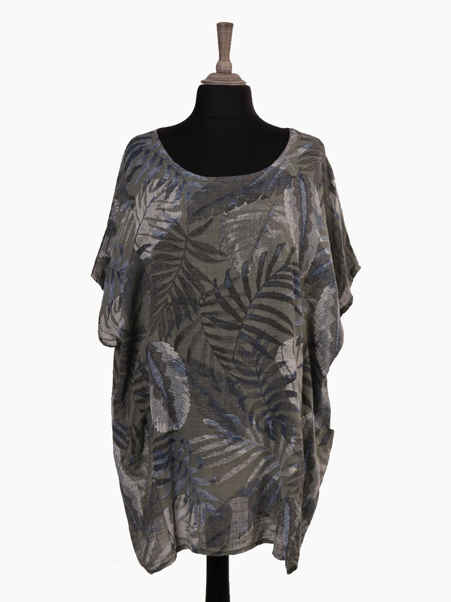 Italian Cotton Top Leaf Print Khaki Sz 14-22