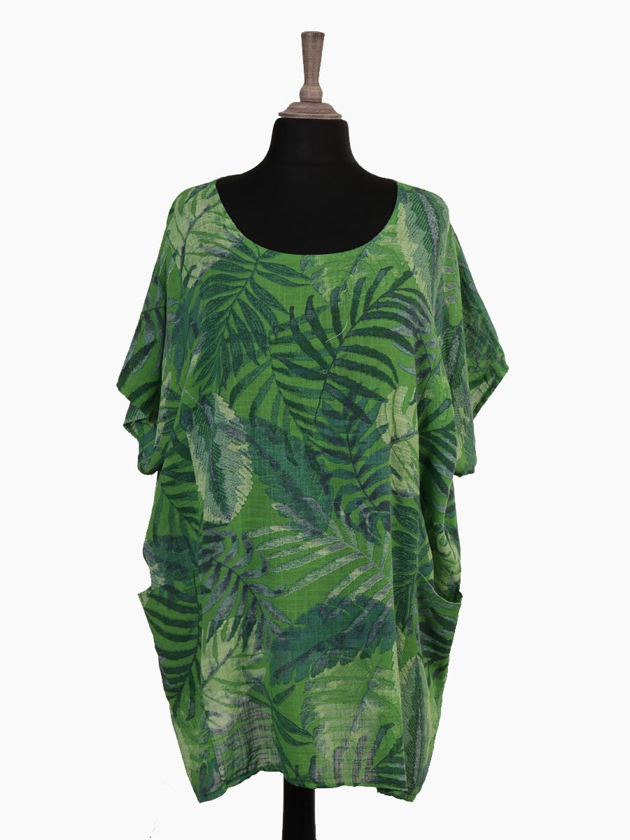 Italian Cotton Top Leaf Print Parrot Green Sz 14-22