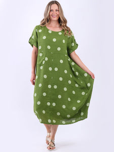 Italian Polka Dot Lime Green Linen Pocket Dress Sz 12-18