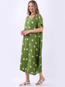 Italian Polka Dot Lime Green Linen Pocket Dress Sz 12-18
