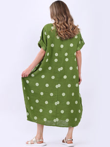 Italian Polka Dot Lime Green Linen Pocket Dress Sz 12-18