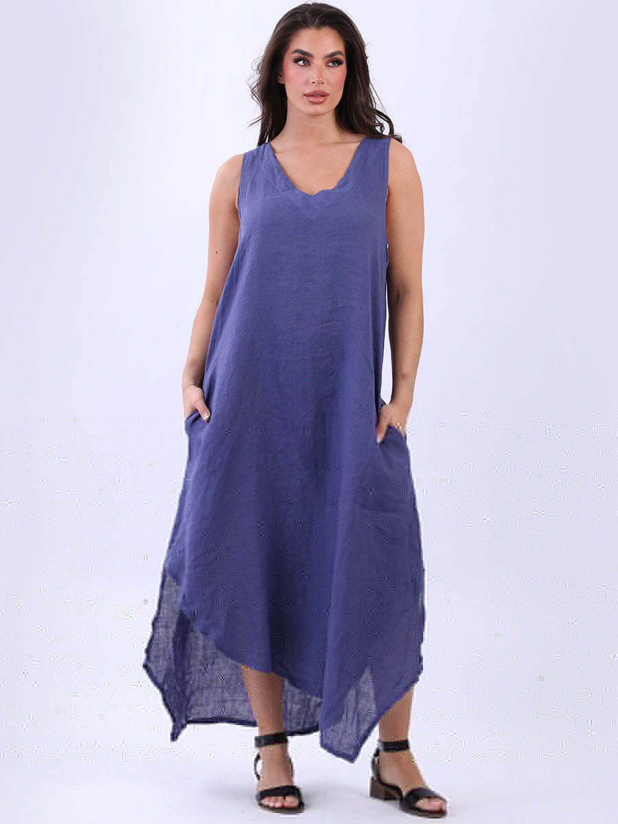 Made in Italy V Neck Sleeveless Plain Maxi Dress ~ Denim