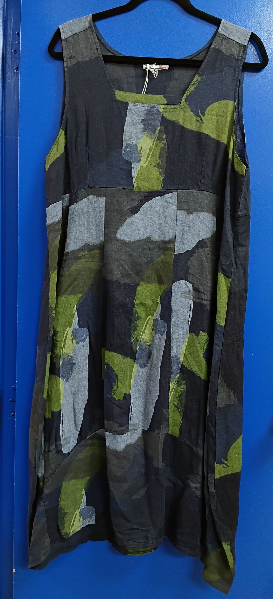 Collette Italian Made Linen Sleeveless Abstract Dress ~ Navy