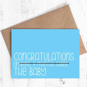 Congratulations on {9 months sober} the baby - Baby card (Blue) - 100% recycled