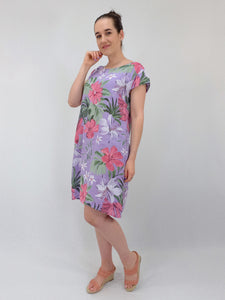 Aida Rose Slim Fit Hibiscus Linen Dress ~ Lilac Sz 8-14