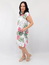 Load image into Gallery viewer, Aida Rose Slim Fit Hibiscus Linen Dress ~ White Sz 8-14

