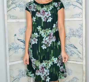 Italian Slim Fit Floral Stripe Green Helga May Linen Dress Sz 8-14