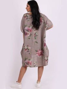 Italian Linen Floral Tunic Dress Mocha Free Size