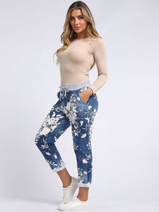 Italian Stretch Cotton Trousers Floral Blue