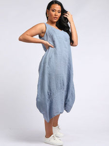 Italian Square Neck Denim Linen Sleeveless Dress Sz 10-18