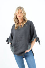Load image into Gallery viewer, Italian Linen Lace Pocket Top Charcoal Sz 14-20
