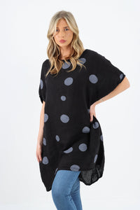 Italian Linen Polka Dot Black Tunic Dress Free Size