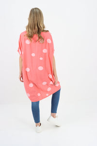 Italian Linen Polka Dot Coral Tunic Dress Free Size