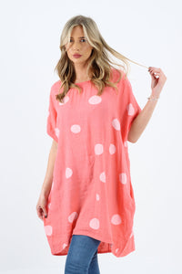 Italian Linen Polka Dot Coral Tunic Dress Free Size