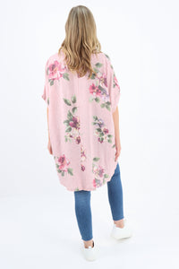 Italian Linen Floral Tunic Dress Pink Free Size