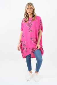 Italian Linen Floral Tunic Dress Fuschia Free Size