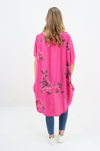 Italian Linen Floral Tunic Dress Fuschia Free Size