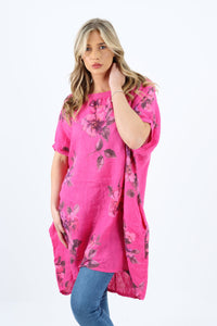 Italian Linen Floral Tunic Dress Fuschia Free Size