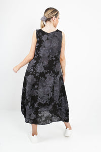 Italian Square Neck Soft Floral Charcoal Linen Dress Sz 10-16