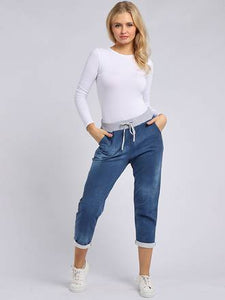 Italian Stretch Cotton Trousers Denim Look Blue