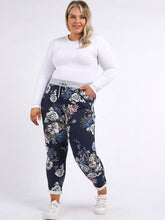 Load image into Gallery viewer, Italian Stretch Cotton Trousers Floral Navy
