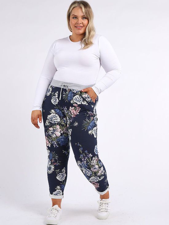 Italian Stretch Cotton Trousers Floral Navy