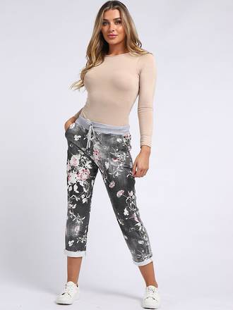 Italian Stretch Cotton Trousers ~ Floral Black