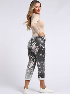 Italian Stretch Cotton Trousers Floral Black
