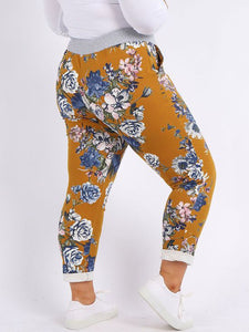 Italian Stretch Cotton Trousers Floral Mustard