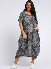Load image into Gallery viewer, Italian Tie Pocket Soft Floral Charcoal Linen Dress Sz 16 - 22
