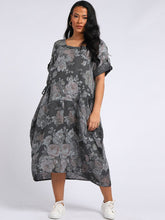 Load image into Gallery viewer, Italian Tie Pocket Soft Floral Charcoal Linen Dress Sz 16 - 22
