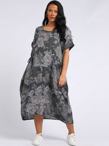 Italian Tie Pocket Soft Floral Charcoal Linen Dress Sz 16 - 22