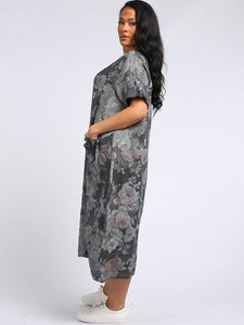 Italian Tie Pocket Soft Floral Charcoal Linen Dress Sz 16 - 22