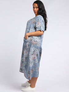 Italian Tie Pocket Soft Floral Denim Linen Dress Sz 16 - 22