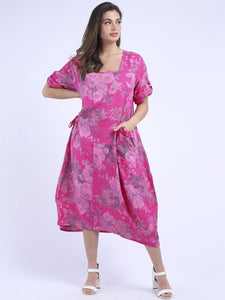 Italian Tie Pocket Soft Floral Fuschia Linen Dress Sz 16 - 22