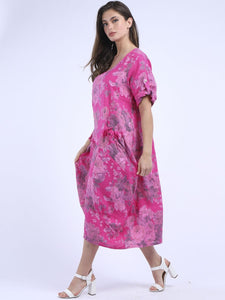 Italian Tie Pocket Soft Floral Fuschia Linen Dress Sz 16 - 22