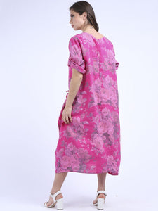 Italian Tie Pocket Soft Floral Fuschia Linen Dress Sz 16 - 22