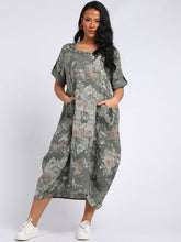 Load image into Gallery viewer, Italian Tie Pocket Soft Floral Khaki Linen Dress Sz 16 - 22
