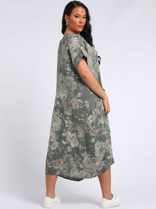 Italian Tie Pocket Soft Floral Khaki Linen Dress Sz 16 - 22