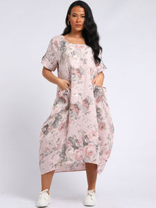Italian Tie Pocket Soft Floral Dusky Pink Linen Dress Sz 16 - 22
