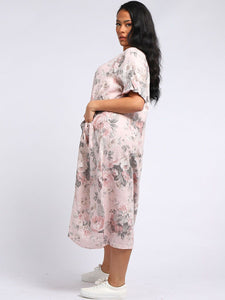 Italian Tie Pocket Soft Floral Dusky Pink Linen Dress Sz 16 - 22