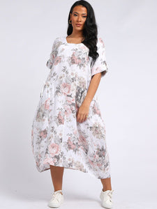 Italian Tie Pocket Soft Floral White Linen Dress Sz 16 - 22