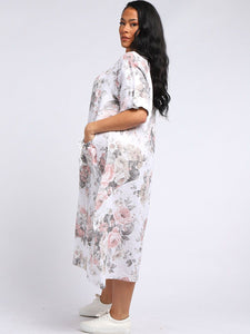 Italian Tie Pocket Soft Floral White Linen Dress Sz 16 - 22