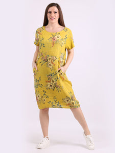Italian Classic Shift Bouquet Yellow Linen Dress Sz 10-16