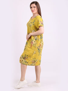 Italian Classic Shift Bouquet Yellow Linen Dress Sz 10-16