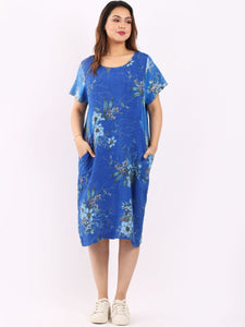 Italian Classic Shift Bouquet Royal Blue Linen Dress Sz 10-16