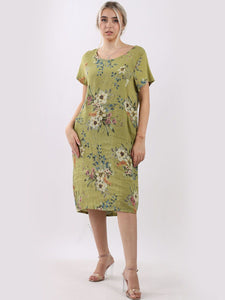 Italian Classic Shift Bouquet Lime Linen Dress Sz 10-16
